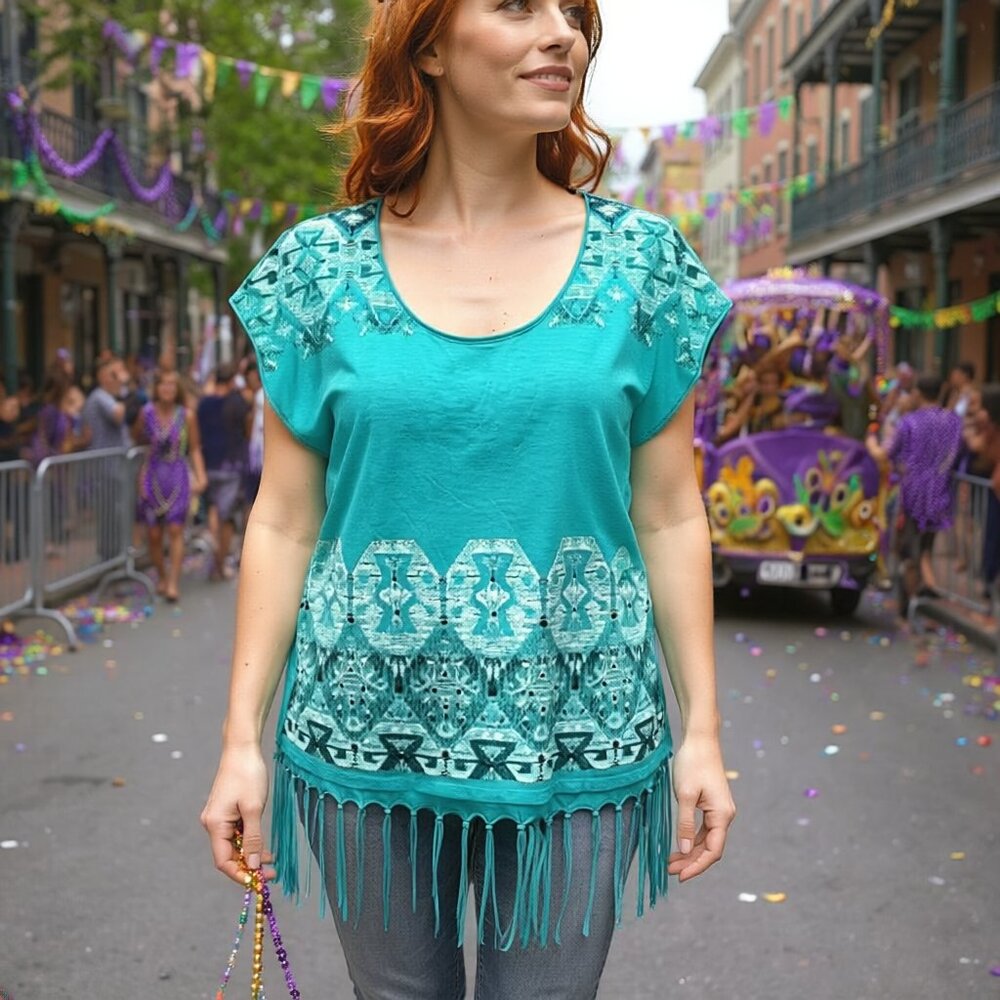 New Directions Weekend Sleeveless Fringed Tunic Cotton Blend Small